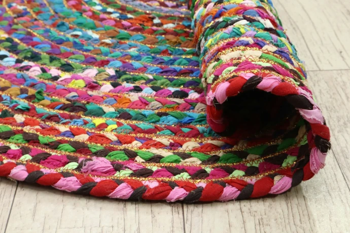Colorful braided rug with intricate patterns
